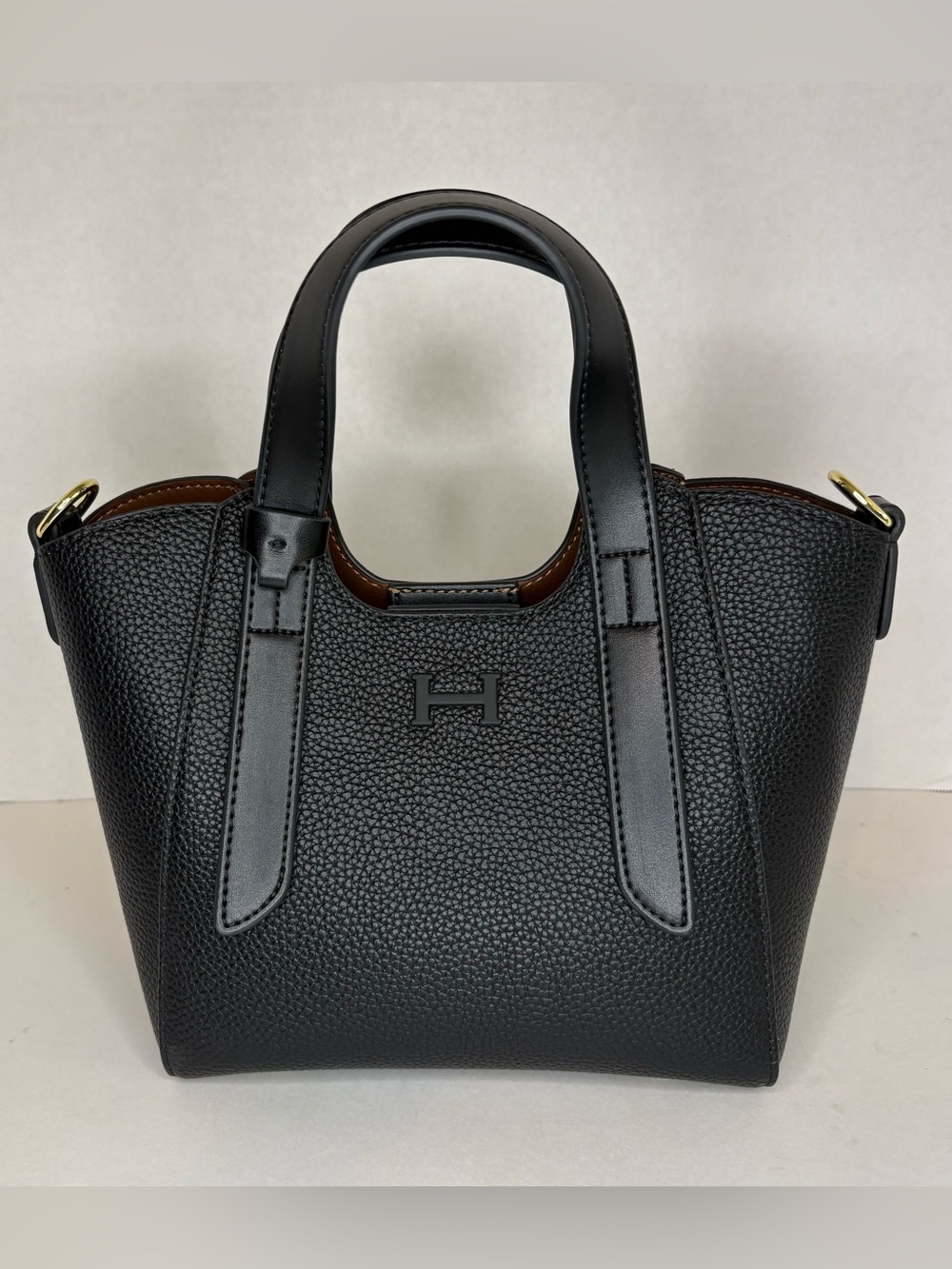 Black Leather Pebbled Tote Handbag with Top Handle